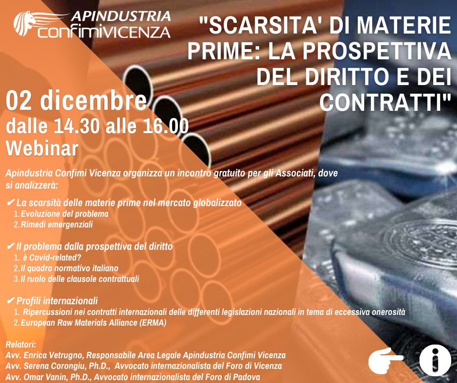 Locandina Webinar Area Legale Carenza materie prime